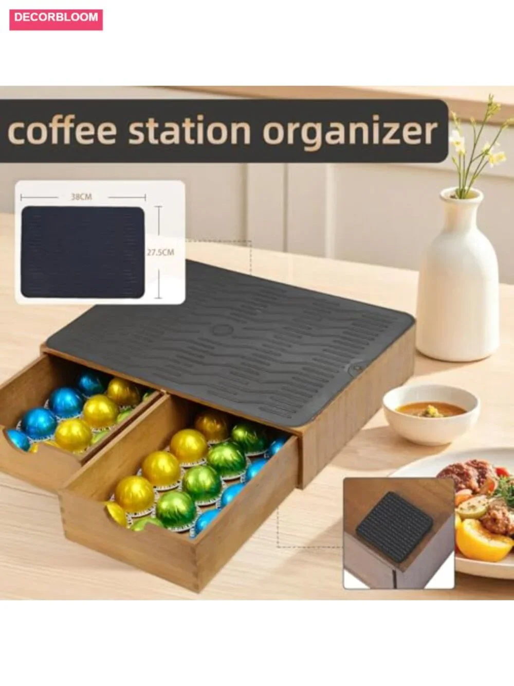 Wooden Coffee Pod Holder Drawer with Silicone Non-Slip Pad, 30 Pod Capacity